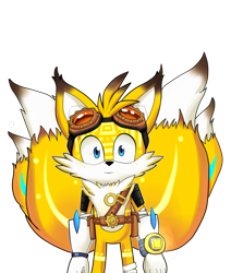 Size: 822x971 | Tagged: dead source, safe, artist:spjartredesign, miles "tails" prower, ancient transformation, brown tipped ears, four tails, goggles, kitsune, looking at viewer, simple background, smile, sonic boom (tv), transparent background