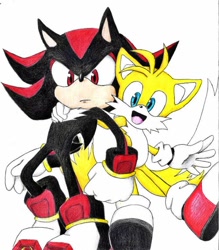 Size: 736x839 | Tagged: safe, artist:emorapunzel, miles "tails" prower, shadow the hedgehog, duo, flying, hand on shoulder, looking at viewer, mouth open, pencilwork, shadow x tails, shipping, simple background, white background