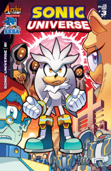 Size: 1987x3056 | Tagged: safe, artist:tracy yardley, gold the tenrec, professor von schlemmer, silver the hedgehog, sonic the hedgehog, hedgehog, tenrec, sonic universe 81, civil protection robot, cover art, onyx city council, robot, sunset