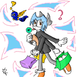 Size: 400x400 | Tagged: safe, artist:terrichance, oc, oc:tye arachnis, chao, lollipop, oekaki, shopping bag