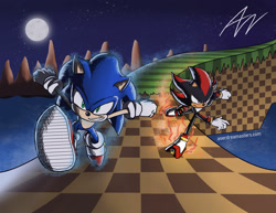 Size: 1280x986 | Tagged: safe, artist:aserdreamasters, shadow the hedgehog, sonic the hedgehog, green hill zone, fist, frown, grin, moon, nighttime, outdoors, racing, running, smile, star (sky), water