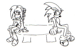 Size: 698x448 | Tagged: safe, artist:terrichance, lien-da, sonic the hedgehog, crack shipping, sitting