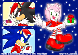 Size: 1178x830 | Tagged: safe, artist:ihearrrtme, amy rose, shadow the hedgehog, sonic the hedgehog, christmas outfit, gift box