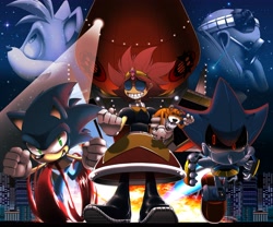 Size: 4096x3413 | Tagged: safe, artist:inu-jean, metal sonic, miles "tails" prower, robotnik, sonic the hedgehog, tails doll, oc, oc:eggette, building, cityscape, egg fleet, eggman empire logo, explosion, fist, grin, group, looking up, nighttime, smile, standing, star (sky)