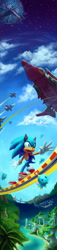 Size: 499x2200 | Tagged: safe, biolizard, sonic the hedgehog, chao, beach, bridge, clouds, daytime, death egg, duo, fighter jet, loop, ocean, outdoors, rail grinding, star (sky), water