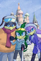 Size: 850x1280 | Tagged: safe, artist:v-mordecai, jet the hawk, storm the albatross, wave the swallow, babylon rogues, featured image, goggles, red square, russia, selfie, selfie stick, snow, winter
