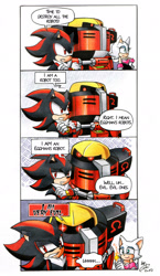 Size: 1424x2456 | Tagged: safe, artist:finikart, e-123 omega, rouge the bat, shadow the hedgehog, 4koma, cellphone, dialogue, team dark, that robot sure loves violence