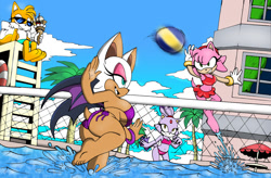 Size: 1254x824 | Tagged: safe, artist:omegasunburst, amy rose, blaze the cat, miles "tails" prower, rouge the bat, barefoot, bikini, bootyfull rouge, busty rouge, clouds, daytime, group, ice cream, palm tree, station square, volleyball