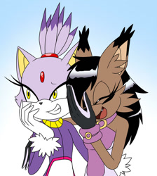 Size: 806x900 | Tagged: safe, artist:crovirus, blaze the cat, nicole the hololynx, blacole, blaze x nicole, blazole, facepalm, holding each other, laughing, lesbian, nicaze, nicole x blaze, shipping