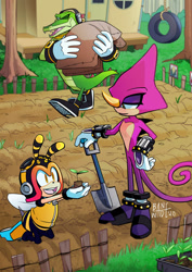 Size: 1024x1446 | Tagged: safe, artist:dragonrider13025, charmy bee, espio the chameleon, vector the crocodile, garden, team chaotix