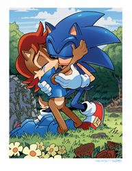 Size: 1024x1326 | Tagged: safe, artist:matt herms, artist:tracy yardley, sally acorn, sonic the hedgehog, clouds, daytime, forest, holding each other, kiss, sally x sonic, straight