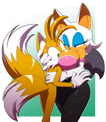 Size: 1040x1200 | Tagged: suggestive, artist:kojiro-brushard, miles "tails" prower, rouge the bat, age difference, between breasts, busty rouge, dubious consent, duo, shipping, straight, tailouge, underage