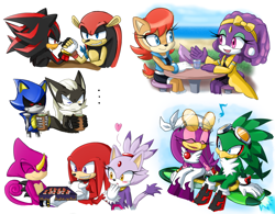 Size: 1462x1142 | Tagged: safe, artist:biko97, blaze the cat, espio the chameleon, infinite the jackal, jet the hawk, knuckles the echidna, metal sonic, mighty the armadillo, princess undina, sally acorn, shadow the hedgehog, wave the swallow, chopsticks, extreme gear, group, sharing headphones, sushi, tea