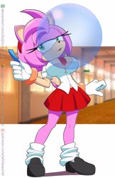 Size: 1039x1600 | Tagged: safe, artist:kojiro-brushard, amy rose, bubblegum, busty amy, schoolgirl outfit