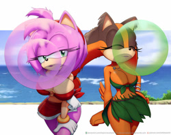 Size: 1024x811 | Tagged: safe, artist:kojiro-brushard, amy rose, sticks the badger, beach, bubblegum, busty amy, busty sticks