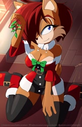 Size: 1024x1577 | Tagged: suggestive, artist:kojiro-brushard, sally acorn, busty sally, christmas outfit, mistletoe