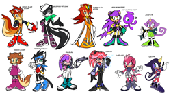 Size: 3304x1814 | Tagged: safe, artist:drawloverlala, geoffrey st. john, hershey the cat, juanita the chameleon, julie-su, lady alicia acorn, lara-su, lien-da, megan acorn, mina mongoose, prince elias acorn, salma the chameleon, wisp, blaster, egg boss uniform, goggles, pregnant, redesign, shuriken