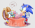 Size: 810x641 | Tagged: safe, artist:finimun, cheese (chao), cream the rabbit, sonic the hedgehog, chao, hedgehog, rabbit, dress, duo, female, male, markerwork, tea, tea party