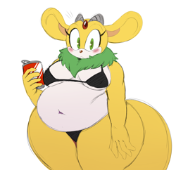 Size: 2272x2201 | Tagged: suggestive, artist:ss2sonic, thunderbolt the chinchilla, blushing, bootyfull thunderbolt, huge thighs, looking at viewer, soda