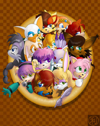 Size: 576x720 | Tagged: safe, artist:kureejiilea, amy rose, blaze the cat, bunnie rabbot, fiona fox, julie-su, lien-da, lupe the wolf, mina mongoose, nicole the hololynx, rouge the bat, saffron bee, sally acorn, tikal, abstract background, checkered background, ring