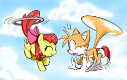 Size: 1600x1004 | Tagged: safe, artist:jennifer hernandez, miles "tails" prower, apple bloom, crossover, daytime, flying, my little pony