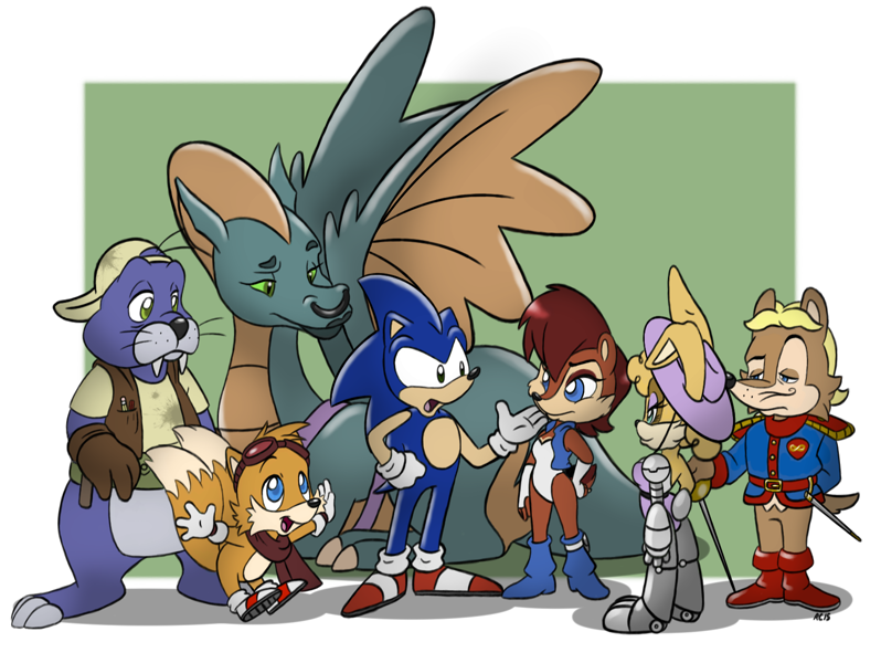Size: 1595x1200 | Tagged: safe, artist:donkeyinthemiddle, antoine d'coolette, bunnie rabbot, dulcy the dragon, miles "tails" prower, rotor walrus, sally acorn, sonic the hedgehog, featured image, goggles, scarf, sword