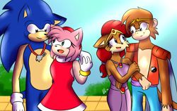 Size: 1912x1210 | Tagged: safe, artist:sirinathehedgehog, amy rose, monkey khan, sally acorn, sonic the hedgehog, amy x sonic, crack shipping, daytime, khanally, shipping, straight