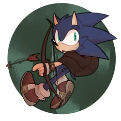 Size: 2000x2000 | Tagged: safe, artist:gloomy bloomy, sonic the hedgehog, arrow (weapon), bow (weapon), hood, looking back