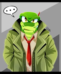 Size: 884x1085 | Tagged: safe, artist:danielasdoodles, vector the crocodile, ..., cosplay, detective gumshoe, looking at viewer