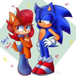 Size: 2000x2000 | Tagged: safe, artist:yoshiyoshi700, sally acorn, sonic the hedgehog, sally x sonic, shipping, straight