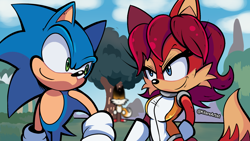 Size: 1920x1080 | Tagged: safe, artist:kitarehamakura, fiona fox, miles "tails" prower, sonic the hedgehog, daytime, fiona x sonic, fiona's jumpsuit, looking at each other, shipping, soniona, straight