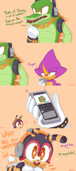 Size: 1600x3600 | Tagged: safe, artist:faburin, artist:faburinrin, charmy bee, espio the chameleon, vector the crocodile, cellphone, dialogue, sparkling eyes, team chaotix, trio