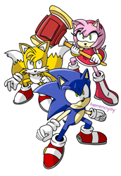 Size: 1123x1634 | Tagged: safe, artist:hemmoyay, amy rose, miles "tails" prower, sonic the hedgehog, amy's halterneck dress, piko piko hammer, redraw