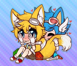 Size: 1173x1000 | Tagged: safe, artist:dare2dreammedia, miles "tails" prower, sonic the hedgehog, human, blushing, chaos emerald, chibi, gay, goggles, humanized, partially humanized, shipping, sonic x tails