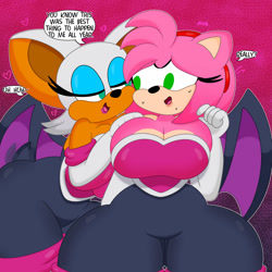 Size: 1024x1024 | Tagged: suggestive, artist:3barts, amy rose, rouge the bat, dialogue, lesbian, nervous, outfit swap, rougamy, rouge's heart top, shipping