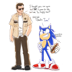 Size: 1080x1081 | Tagged: safe, artist:sonicspeedz, sonic the hedgehog, tom wachowski, chili dog, dialogue, looking at each other