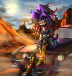 Size: 1209x1274 | Tagged: safe, artist:jshedgiehog, oc, oc:sadie the hedgehog, car, clouds, sitting, sun, sunset