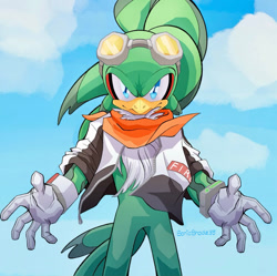 Size: 1024x1021 | Tagged: safe, artist:sonicshadz35, jet the hawk, clouds, daytime, goggles, jacket, looking at viewer, solo