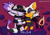 Size: 595x421 | Tagged: safe, artist:idolnya, blaze the cat, rouge the bat, abstract background, alternate outfit, cosplay, duo, facemask, glasses, grin, hat, k/da, smile, text