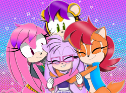 Size: 1280x948 | Tagged: safe, artist:broadwaybash123, julie-su, mina mongoose, sally acorn, oc, oc:reina the hedgehog, glasses, group hug, hugging