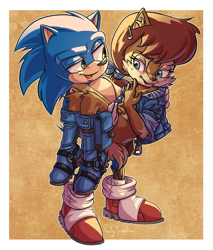 Size: 1197x1408 | Tagged: safe, artist:pesky-pincushion, sally acorn, sonic the hedgehog, carrying them, looking at each other, sally x sonic, straight