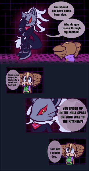 Size: 1068x2048 | Tagged: safe, artist:doemillow, infinite the jackal, oc, oc:millow doe, deer, dialogue, featured image, this will end in a boss fight
