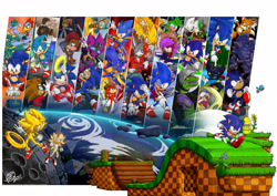 Size: 2280x1612 | Tagged: safe, artist:swirlything, arctur the dragonkin, bokkun, bunnie rabbot, cinos the anti-sonic, flicky, grounder, johnny lightfoot, knuckles the echidna, metal sonic, miles "tails" prower, nicky, nicole the handheld, sally acorn, scourge the hedgehog, scratch, shadow the hedgehog, sonia the hedgehog, sonic the hedgehog, super scourge, super shadow, super sonic, zonic the zone cop, green hill zone, everyone is here, facepalm, manic the hedgehog, ring, sunflower, super form, television bomb, totem pole