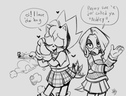 Size: 1115x853 | Tagged: safe, artist:yotomoe, amy rose, sonic the hedgehog, tekno the canary, amy's schoolgirl outfit, fleetway amy, hair over one eye, skirt, tail wagging