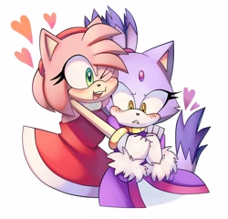 Size: 2500x2400 | Tagged: safe, artist:cuteytcat, amy rose, blaze the cat, 2021, amy x blaze, amy's halterneck dress, blaze's tailcoat, hearts, hugging, lesbian, shipping