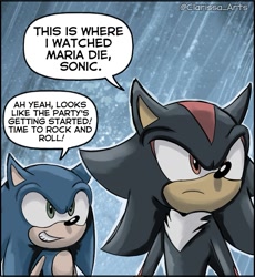 Size: 987x1073 | Tagged: safe, artist:clarissa_arts, shadow the hedgehog, sonic the hedgehog, dialogue, meme, rain