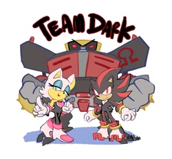 Size: 900x836 | Tagged: safe, artist:giugabs, e-123 omega, rouge the bat, shadow the hedgehog, looking at viewer, rouge's heart top, team dark, wagging finger