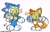 Size: 1985x1283 | Tagged: safe, artist:kirby stardream, miles "tails" prower, sonic the hedgehog, duo, looking at viewer, roboticized, simple background, smile, smiling at viewer, tamogotchi, v sign, waving, waving at viewer, white background, wink, winking at viewer