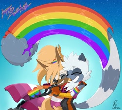 Size: 3444x3088 | Tagged: safe, artist:murrrawr, artist:ridleynemrick, tangle the lemur, whisper the wolf, eyes closed, females only, holding each other, holding hands, lesbian, lesbian pride, pride, rainbow, shipping, tail hand, tangle x whisper