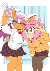 Size: 1414x2000 | Tagged: safe, artist:rinri1310, amy rose, rouge the bat, cellphone, schoolgirl outfit, tongue out, v sign, wink
